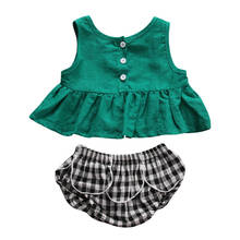 Летняя одежда для маленьких девочек зеленые топы жилет без рукавов + клетчатые шорты с оборками комплект одежды 2024 - купить недорого
