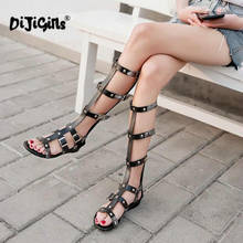 drop shipping Sexy Gladiator Sandals Motorcycle Open Toe Summer Women Knee High Boots Buckle Strap Mixed Color Sandals Flats 2024 - buy cheap