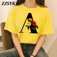 2020 verão roupas femininas moda alfabeto impressão harajuku vintage feminino camiseta 90s casual estética amarelo topos de manga curta 2024 - compre barato