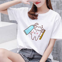Camiseta feminina manga curta, lindos desenhos animados dentes moda dentista roupas femininas camisetas 90s harajuku kawaii 2024 - compre barato