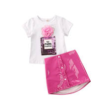 Conjunto de ropa para niñas pequeñas de 1 a 5 años, camiseta con letras de flores y lentejuelas + faldas de cuero Pu de Color rosa, Disfraces para niños 2024 - compra barato