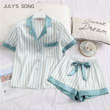 JULY'S SONG-Conjunto de pijamas para mujer, traje de pijama de seda de imitación a rayas, ropa de dormir informal Simple, pantalones cortos de manga corta para mujer, 2 piezas 2024 - compra barato