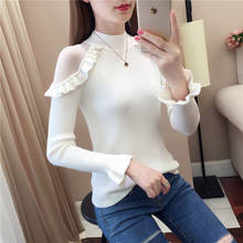 #6308 Black Red White Pink Woman Sweater Pullovers Long Sleeve Half High Collar Sweater Women Ruffles Hollow Out Knitted Sweater 2024 - buy cheap