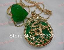 FREE SHIPPING>>@> Jewelry 0055 Beautiful Green Jade Inlay Carved Dragon Necklace Pendants Buddha Lucky ring Set Natural jewe 2024 - buy cheap