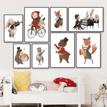 Pintura sobre lienzo para decoración de habitación de niños, póster nórdico con estampado de animales, músico, conejo, zorro, oso, ciervo, violín, Piano, tambor, arte de pared 2024 - compra barato