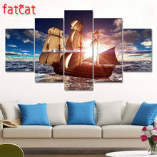 FATCAT-pintura con diamantes de imitación para decoración del hogar, bordado con diamantes de imitación cuadrados o redondos, estilo Barco de mar, playa al atardecer, 5 paneles, AE1086 2024 - compra barato