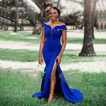 YiMinpwp Blue Mermaid Bridesmaid Dresses Off Shoulder Side Split Sweep Train Sequined Garden Wedding Guest Party Gowns Custom 2024 - buy cheap