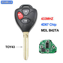 Chave remota automotiva com 3 botões, chave inteligente de carro com chip 4d67 para toyota 2009-2015, hilux, mdl, b42ta com lâmina sem cortes 2024 - compre barato