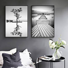 Arte de parede em estilo nórdico, poster de árvore preta e branca, pintura ponte minimalista, imagens de paisagem modular, decoração de casa 2024 - compre barato