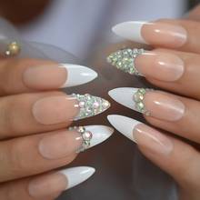 3d strass ab gemas nude branco francês stiletto afiado falso unhas extra longo imprensa na festa dedo wear 24 pçs uv ponta do prego 2024 - compre barato