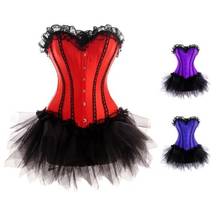 red satin corset busiter lace up boned costume showgirl S-6XL plus size corset g-String+mini tutu skirts 036+7008 2024 - buy cheap