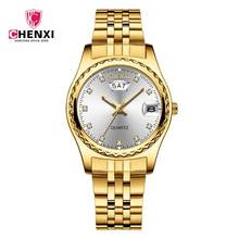 Chenxi relógios femininos relógios de ouro de luxo mulher data de aço inoxidável dia quartzo relógios de pulso casal 30m à prova dwaterproof água relógio 2024 - compre barato