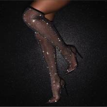 Black Fishnet Cuts Out Bling Bling Sequins PVC Clear Pointed Toe Night Club Heel-Strap Over The Knee Thigh Socks Boots Woman 2024 - buy cheap