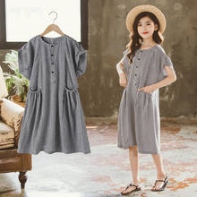 Girls Casual Dresses Summer Cotton and Short Sleeve Double Pocket Plaid Loose Slim Plaid Dress Vestidos girls clothes 12 to 14 2024 - buy cheap