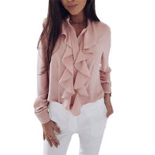 Blusa femenina de manga larga con volantes para mujer, camisa elegante para oficina, color rosa, blanco y negro, talla grande, otoño 2024 - compra barato