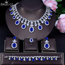 ANGELCZ-Conjunto de joyería nupcial de lujo para mujer, cristal azul real de CZ, collar de forma redonda, pendientes, pulsera, anillo de boda AJ202 2024 - compra barato