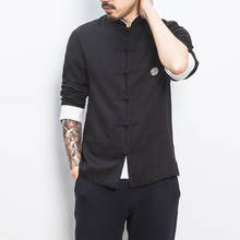 Shan bao estilo chinês algodão e linho camisa 2021 primavera e verão tang terno marca masculina casual de manga comprida camisa bege preto 2024 - compre barato