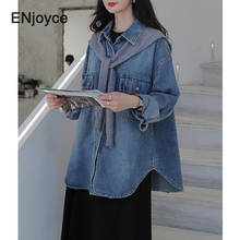 Blusa jeans feminina manga comprida, camisa jeans feminina estilo coreano de manga longa com xale 2021 2024 - compre barato