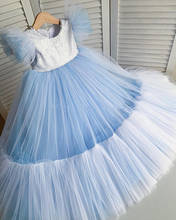 Vestido de baile azul-celeste, personalizado, festa de casamento, tule, lantejoulas, infantil, vestido para aniversário, fotografia 2024 - compre barato