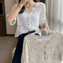 Корейский винтажный летний белый кружевной кардиган с цветочной вышивкой крючком Рубашки женские топы для женщин блузка и топы 2021 2024 - купить недорого