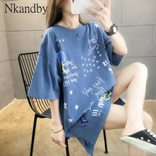 Nkandby Cartoon Letter Print T-shirts For Women 2021 Summer Split Short Sleeve Harajuku Hip Hop Tshirt Female Streetwear 2024 - buy cheap