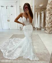 Sexy Deep V-Neck Lace Long Mermaid Wedding Dresses Sweep Train Custom Spaghetti Strap Criss Cross Back Bridal Gowns for Women 2024 - buy cheap