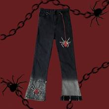 Pantalones góticos de araña con diamantes de imitación para chica, ropa de calle Sexy Punk, vaqueros de cintura alta, primavera y otoño 2024 - compra barato