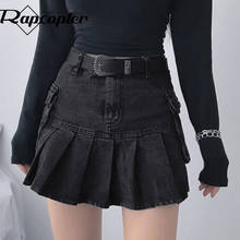 Saia jeans rapcopter y2k, plissada, cintura alta, mini saia gótica preta jeans feminina, coreana, cosplay 2024 - compre barato