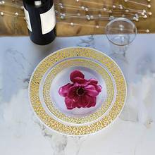 Золотые одноразовые пластиковые тарелки, кружевные дизайнерские пластиковые тарелки для свадебной вечеринки, золотые кружевные тарелки, десертные тарелки для салата, 25 шт. в упаковке 2024 - купить недорого