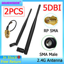 GRANDWISDOM 2pcs 2.4G antenna 5dbi sma male wlan wifi 2.4ghz antene IPX ipex 1 SMA female pigtail Extension Cable iot antena 2024 - buy cheap