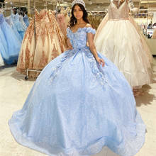 Sparkly Light Sky Blue Quinceanera Dresses 2021 Princess Ball Gown Off The Shoulder 3D Flowers Beads Party Sweet 15 Dress 2024 - buy cheap