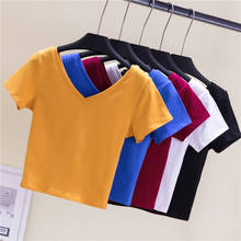 Camisa manga curta gola v, roupas femininas básicas slim de algodão coreano moda verão vermelho 2024 - compre barato