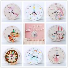 Unicórnio circular dos desenhos animados relógio de parede crianças de madeira silencioso reloj pared para quartos do bebê horloge decoração para casa sala estar decoração 2024 - compre barato