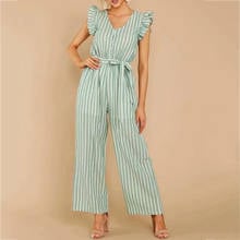 Foridol Ruffle Sleeveless Summer Women Jumpsuit Green Wide Leg Striped Casual Playsuit Overalls Sash Beach Khaki Long Pants 2024 - buy cheap