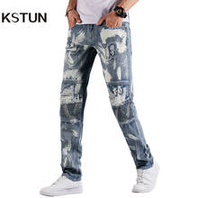 Moto jeans para homem rasgado fino em linha reta com impressão paiting angustiado hip-hop calças casuais de comprimento total plissado cowboys 2024 - compre barato