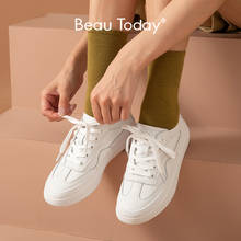 BeauToday-Zapatillas Retro de piel de vaca auténtica para mujer, zapatos blancos de punta redonda, zapatillas cruzadas, planos informales hechos a mano, A29062 2024 - compra barato