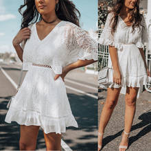 Sexy Women White Lace Dress Ruffles A-line V-neck Half Flare Sleeve Empire See Through Mini Dress Summer Beach Bohemian 2024 - buy cheap