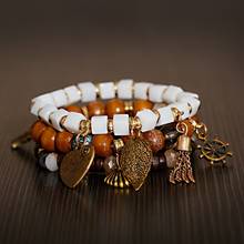 Pulseira feminina multicamadas, bracelete estilo boêmio com contas de madeira e pedra 2024 - compre barato