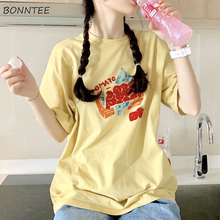 Camiseta feminina gola redonda, camiseta feminina estampada estilo coreano de alta qualidade para estudantes e mulheres verão 2024 - compre barato