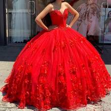 Quinceanera Dress Red Ball Gown 3D Flowers Princess Corset Tulle Sparkles Sweet 16 Dresses Vestido De Debutante 2024 - buy cheap