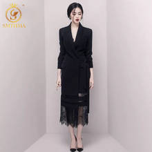 SMTHMA High Quality Runway Dress Women's Long Sleeve Lace Patchwork Lace Up Long Dresses Female Spring Slim Fashion New Clothing 2024 - buy cheap