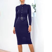 Vestido de invierno de punto liso con cinturón para mujer, vestido ajustado de punto por debajo de la rodilla, suéter con cuello redondo 2024 - compra barato