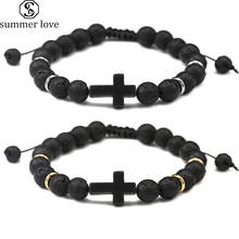 8mm Black Matt Lava Stone Bracelet Cross Charm Men Bracelet for Women Stone Beads Woven Adjustable Luxury Jewelry Boyfriend Gift 2024 - buy cheap