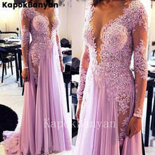 Lace Rhinestones Illusion Scoop Neck Long Sleeves Split Satin Chiffon Prom Dress A-line Party Gown 2024 - buy cheap