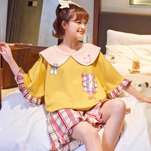 Conjunto de pijamas de manga curta feminino, coreano kawaii boneca gola plissado roupa de dormir de algodão plus size desenhos animados 2024 - compre barato
