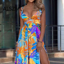 Deep V Neck Sleeveless Flower Print Skinny Open Fork  Long Dress Sexy Tight Club Party Lady Fashion Beach Style Dress 2024 - buy cheap