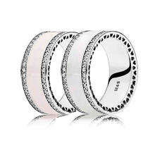 Rosa & claro esmalte coração com anel de cristal 925 anel de prata esterlina para as mulheres presente de festa de casamento pandora fine diy jóias 2024 - compre barato