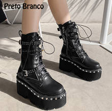 PRETO BRANCO  2021  Women Platform Boot Style Thick Sole Thick Heel Rivet Women's Winter Short Wedge High Heel  JXQ 2024 - buy cheap