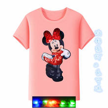 Camisa com estampa de desenhos animados da disney, camiseta de algodão com lantejoulas e manga curta da moda para meninas 2024 - compre barato