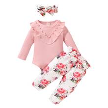 Conjuntos de roupas fofos para meninas, macacão de manga longa + calças florais com tiara 2024 - compre barato